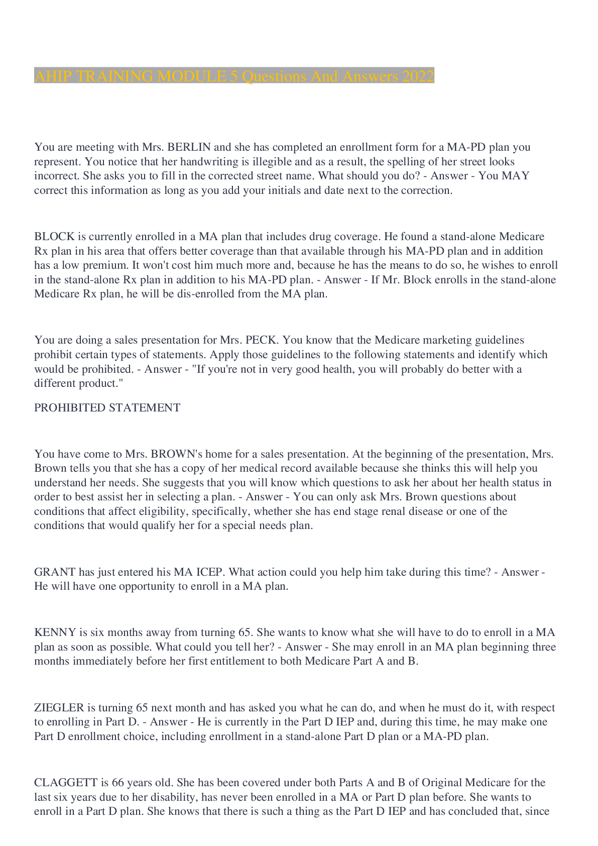 Preview of AHIP TRAINING MODULE 5 Questions And Answers 2022